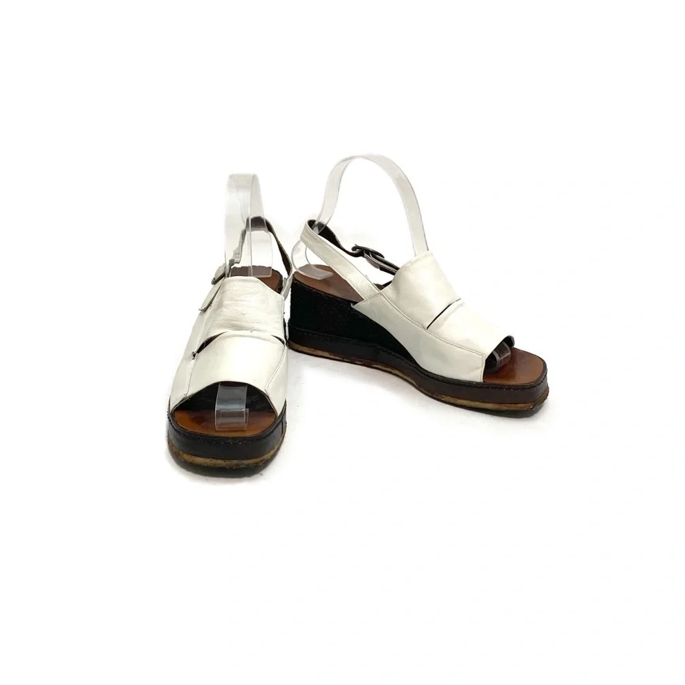 Vintage 1970s white leather slingback platform wedge disco sandals